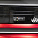 Close-up of a black and red cabinet with a lock mechanism and logo.