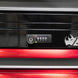 Close-up of a black and red cabinet with a lock mechanism and logo.
