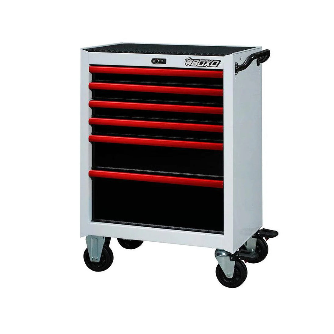 Tool chest with red and black drawers on a white background