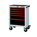 Tool chest with red and black drawers on a white background