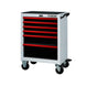 Tool chest with red and black drawers on a white background
