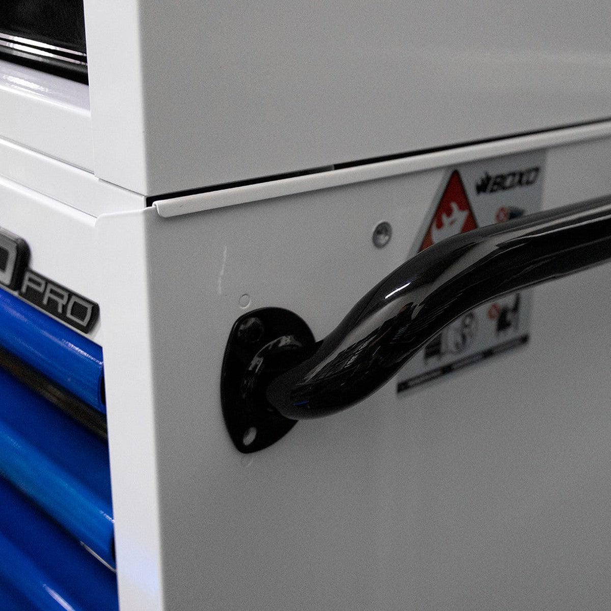 Close-up of a white toolbox with a black handle and visible brand logo.