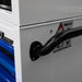 Close-up of a white toolbox with a black handle and visible brand logo.