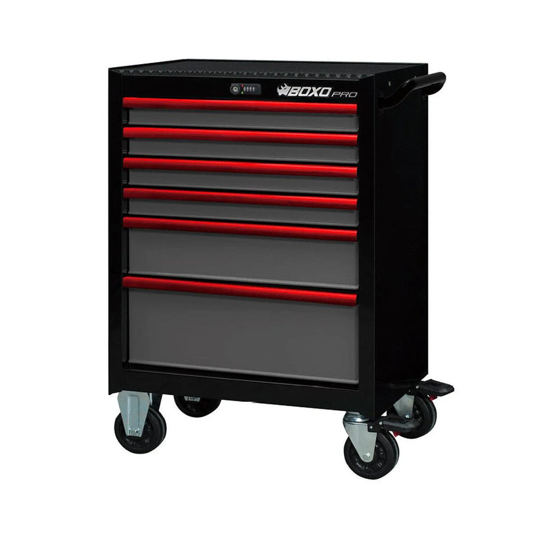 Tool chest with red drawers and 'Boxo Pro' branding on a white background