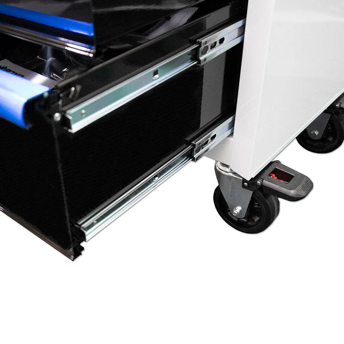 Close-up of a printer with a roll of paper and a foot pedal on a white background