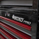 Close-up of a tool chest with 'BOXO Pro' branding on a black and red tool box.