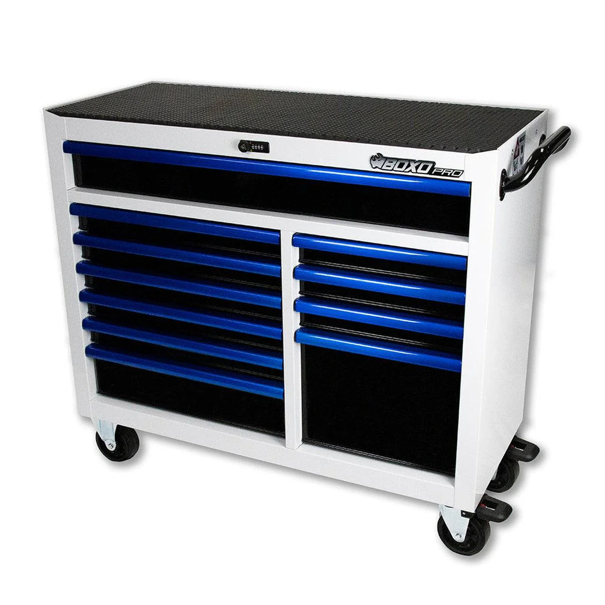 Tool chest with blue drawers on a white background