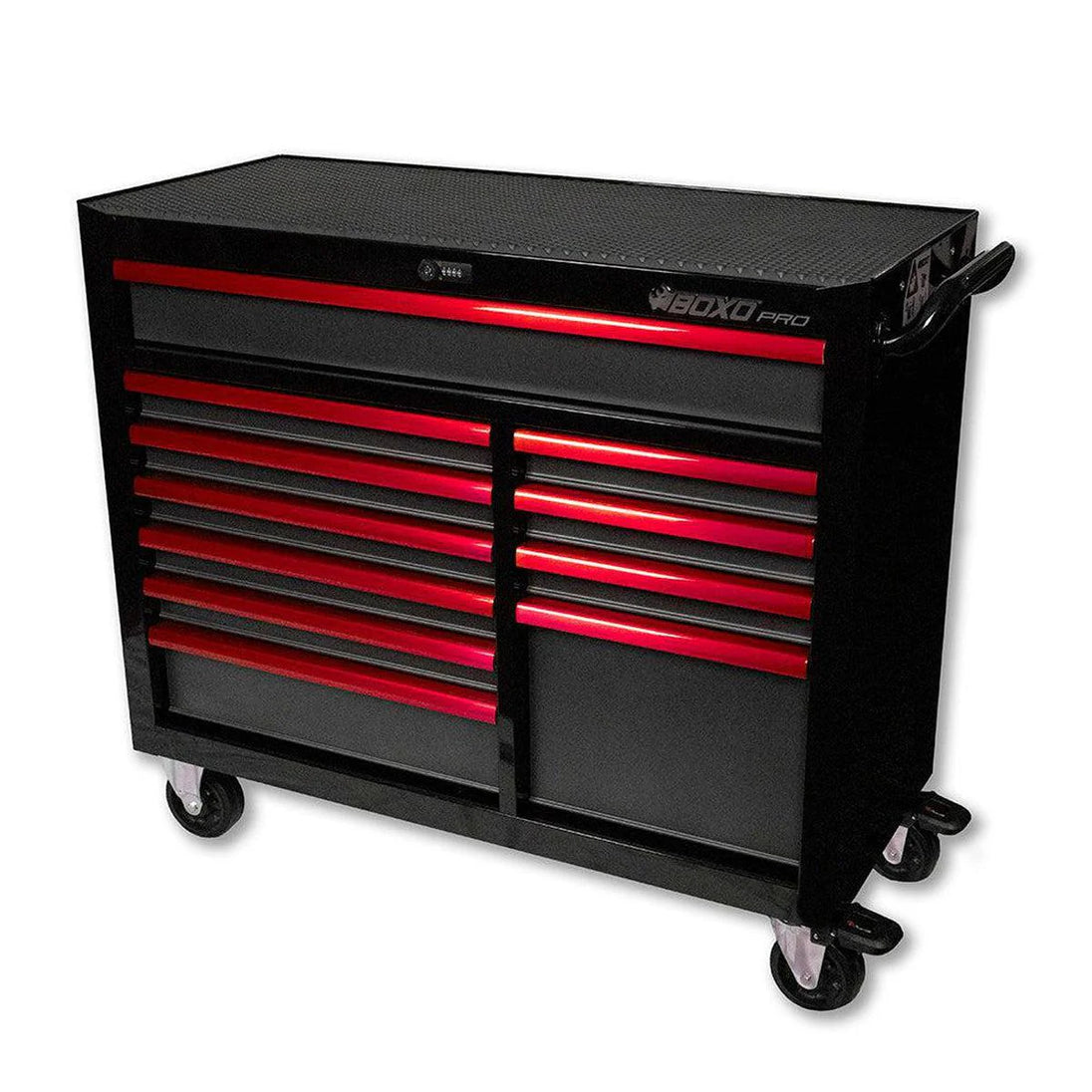 Black and red toolbox with multiple drawers on a white background