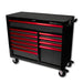 Black and red toolbox with multiple drawers on a white background