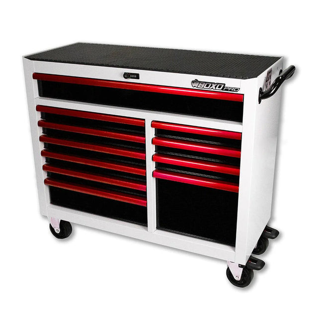Tool chest with red drawers and white frame on a white background
