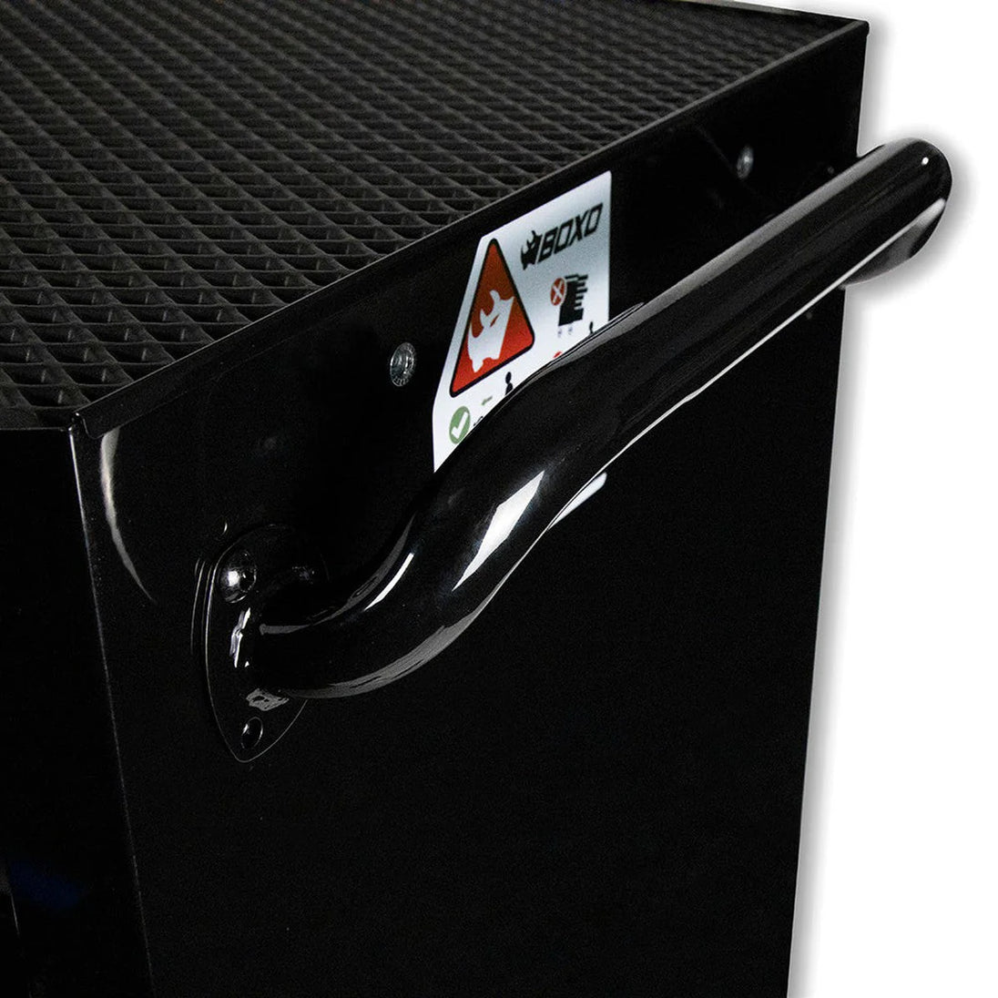Black metal drawer with a handle and visible brand logo on a white background