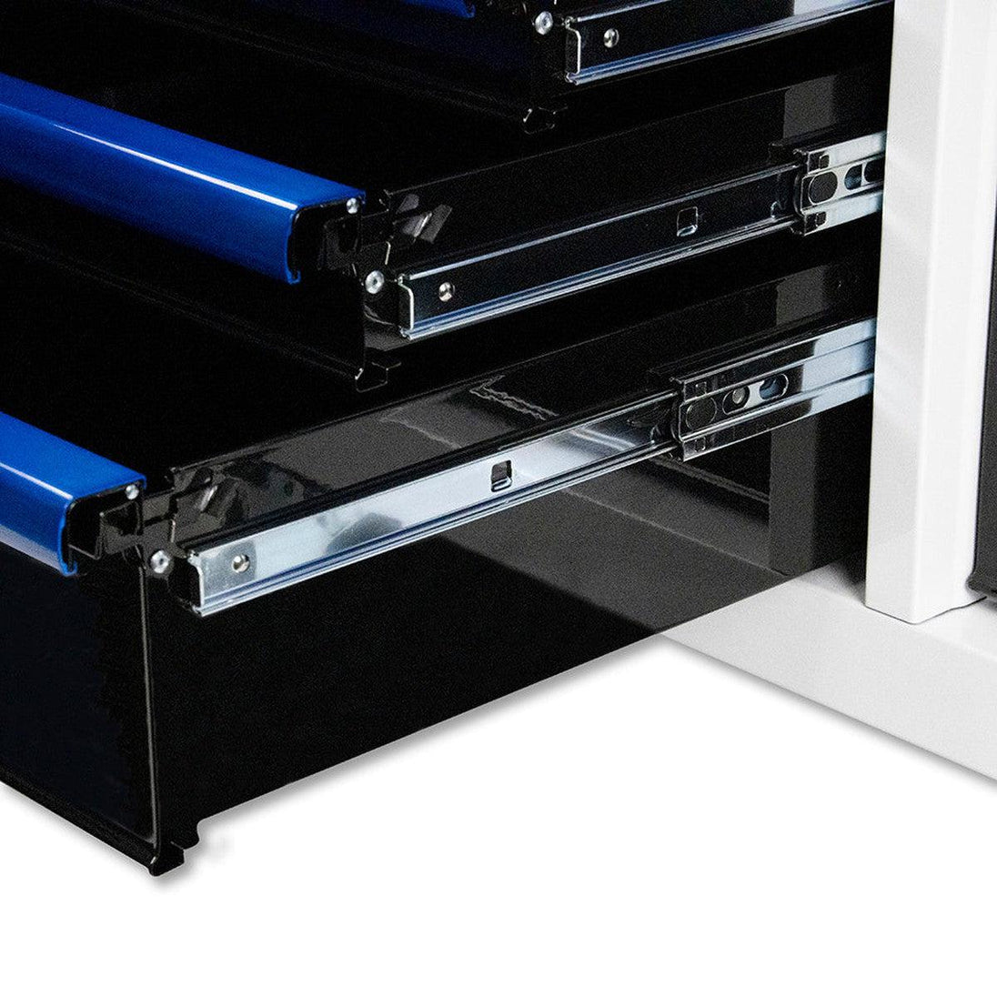 Close-up of a black tool chest with open drawers on a white background