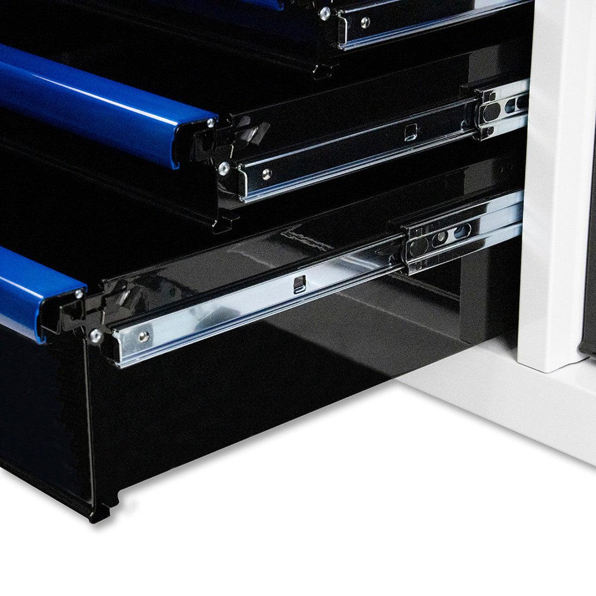 Close-up of a black tool chest with open drawers on a white background
