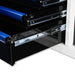 Close-up of a black tool chest with open drawers on a white background