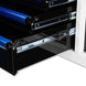 Close-up of a black tool chest with open drawers on a white background