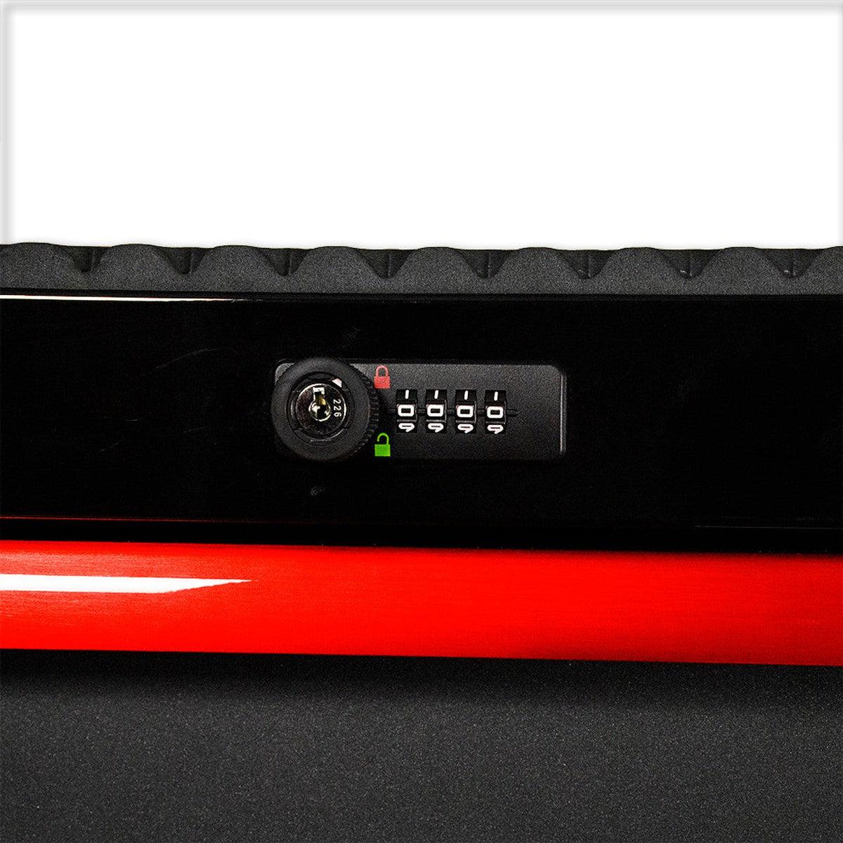 Close-up of a red and black suitcase with a lock and digital display on a white background
