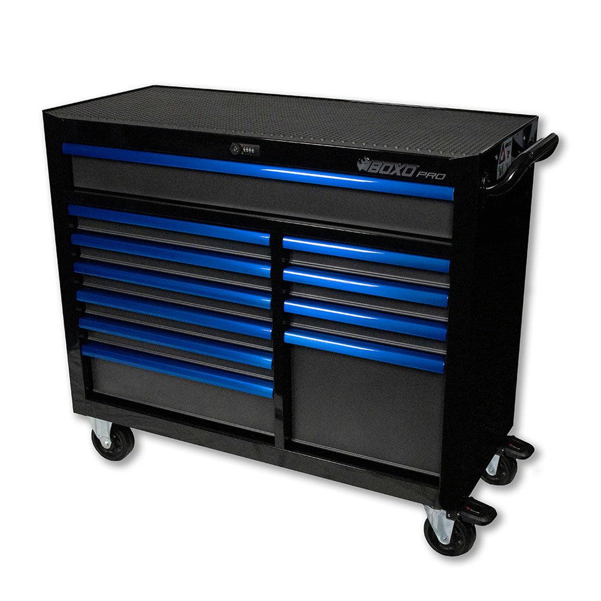 Black and blue tool chest with multiple drawers on a white background