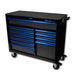 Black and blue tool chest with multiple drawers on a white background