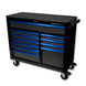 Black and blue tool chest with multiple drawers on a white background