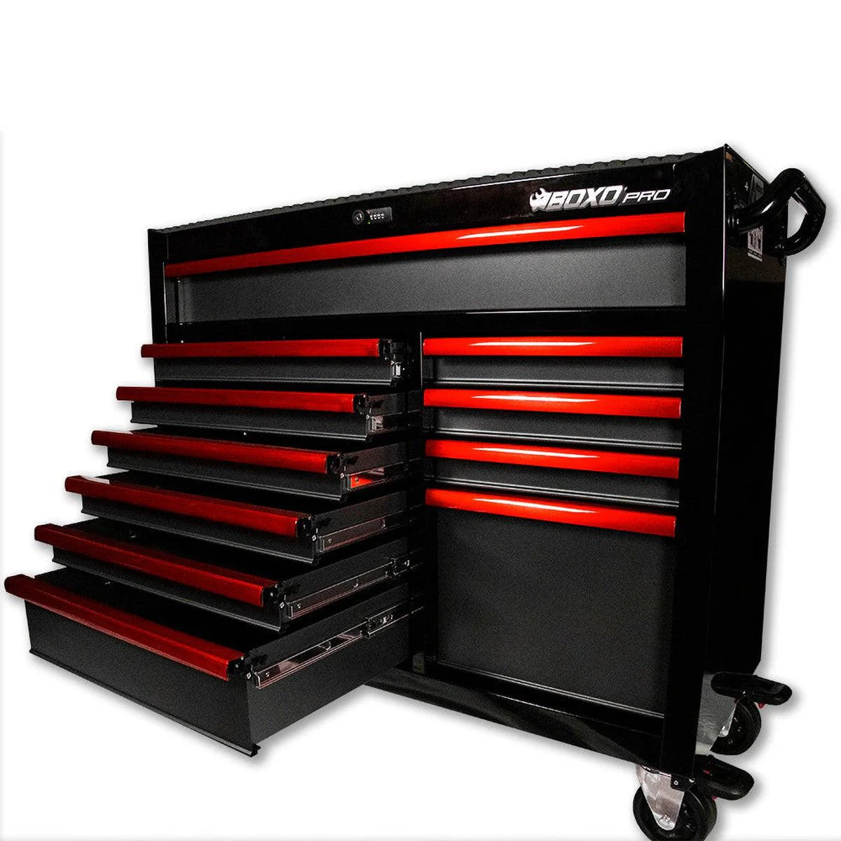 Tool chest with red drawers and black top, featuring 'Boxo Pro' branding.
