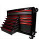 Tool chest with red drawers and black top, featuring 'Boxo Pro' branding.