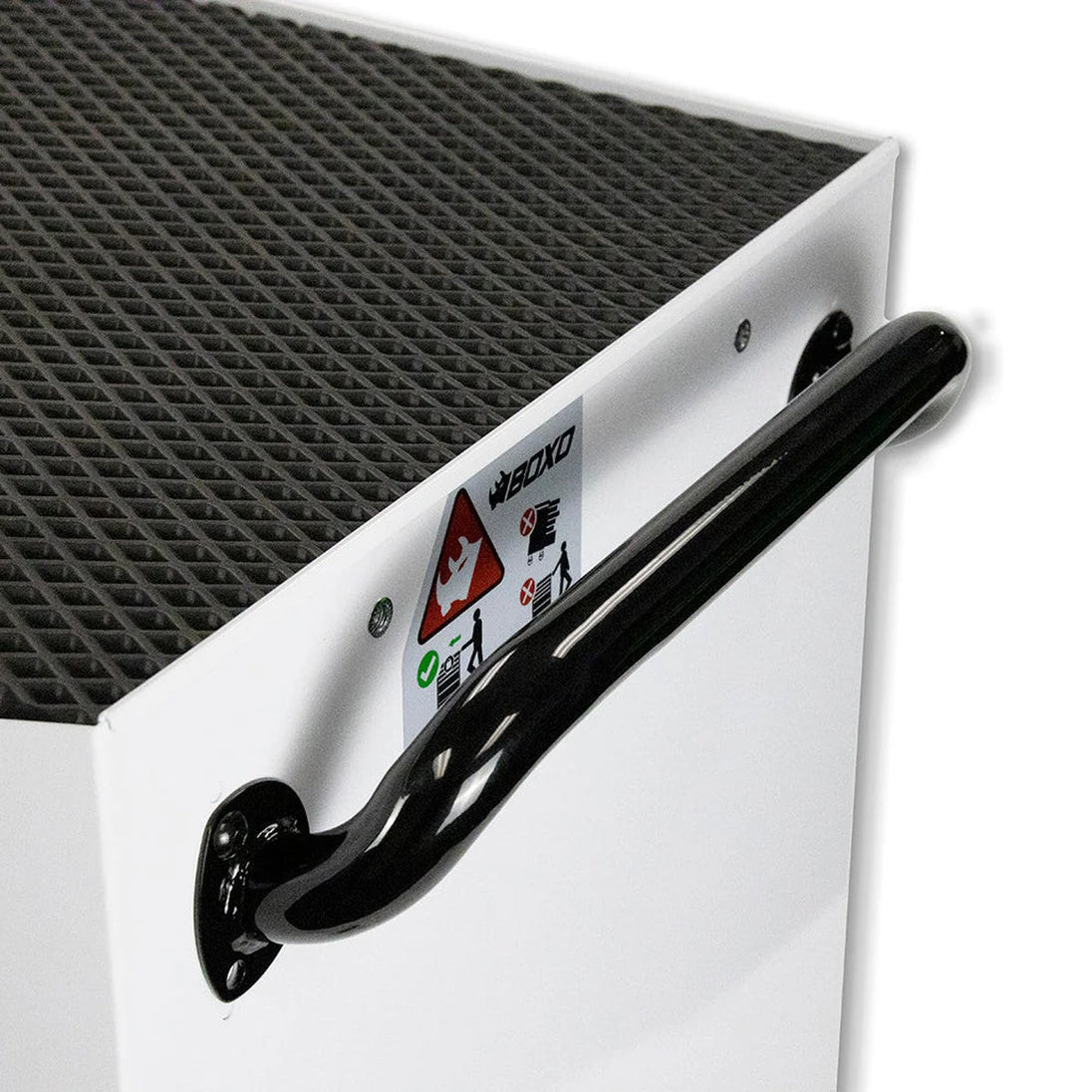 White step stool with black handrail and safety label on a white background