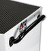 White step stool with black handrail and safety label on a white background