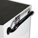 White step stool with black handrail and safety label on a white background
