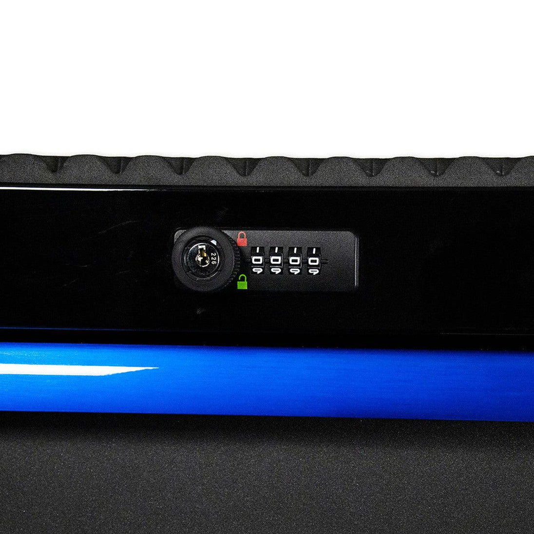 Close-up of a black cabinet device with a blue trim on a white background