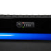 Close-up of a black cabinet device with a blue trim on a white background