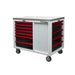 Tool chest with red drawers and a pegboard on a white background