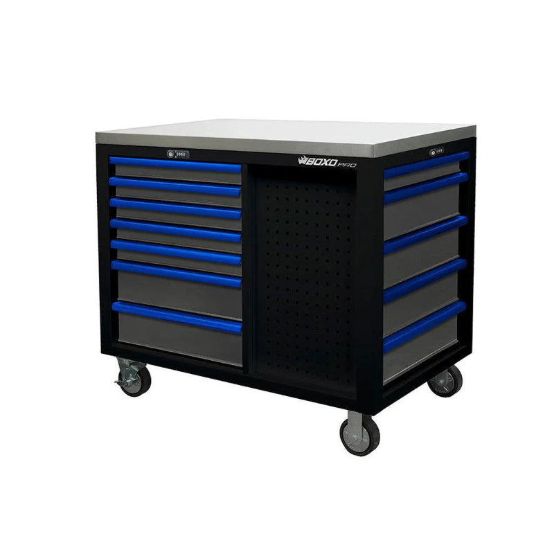 Tool chest with blue drawers on a white background