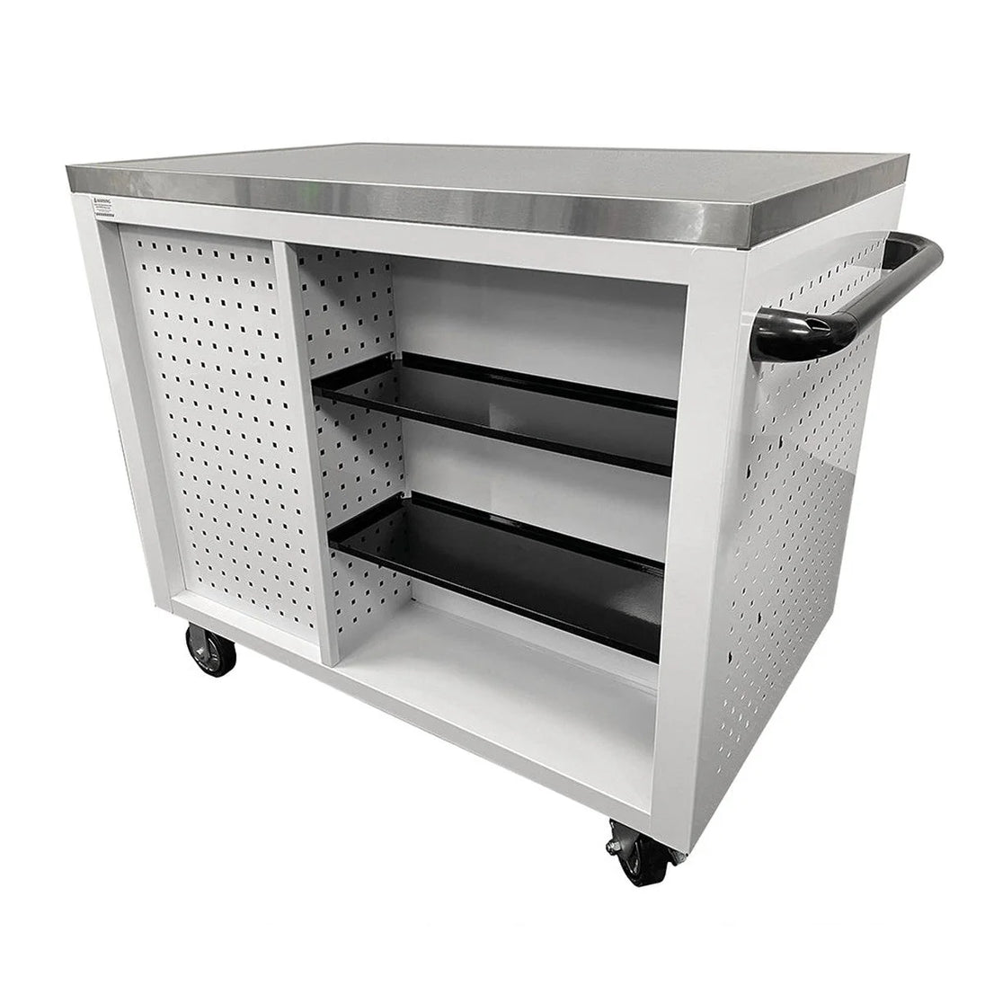 Stainless steel workbench with shelves and pegboard on a white background