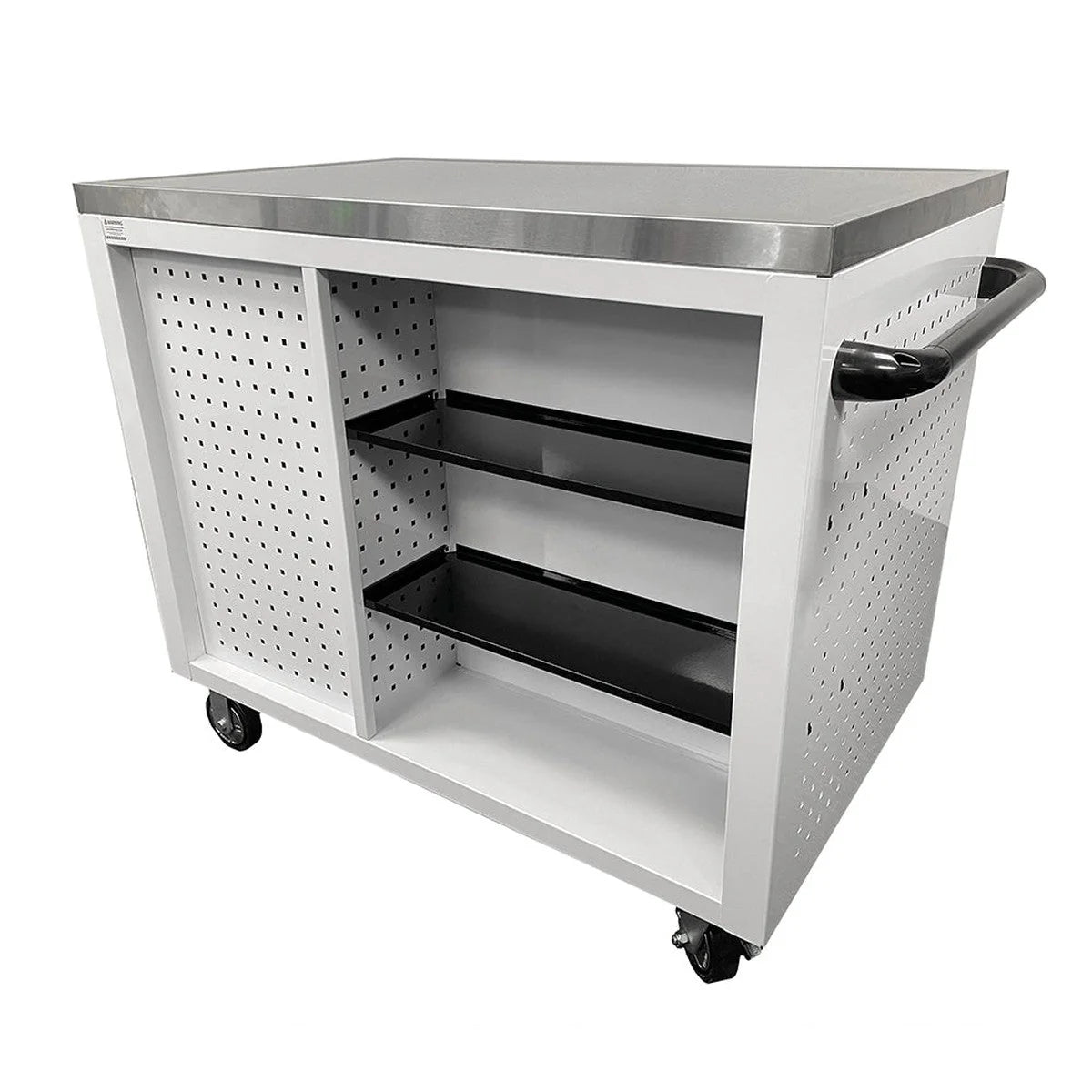 Stainless steel workbench with shelves and pegboard on a white background