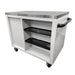 Stainless steel workbench with shelves and pegboard on a white background