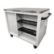 Stainless steel workbench with shelves and pegboard on a white background