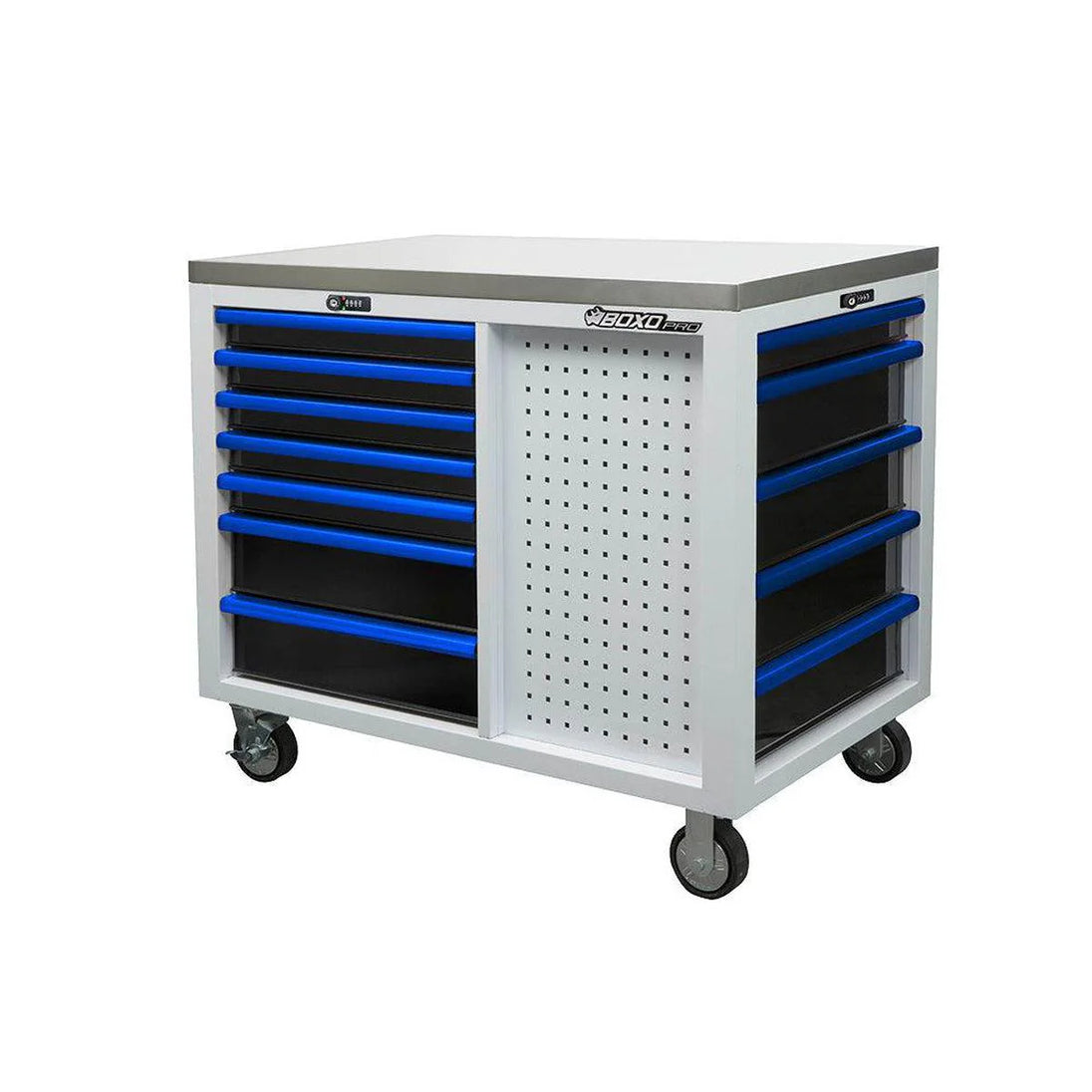 Tool chest with blue drawers on a white background