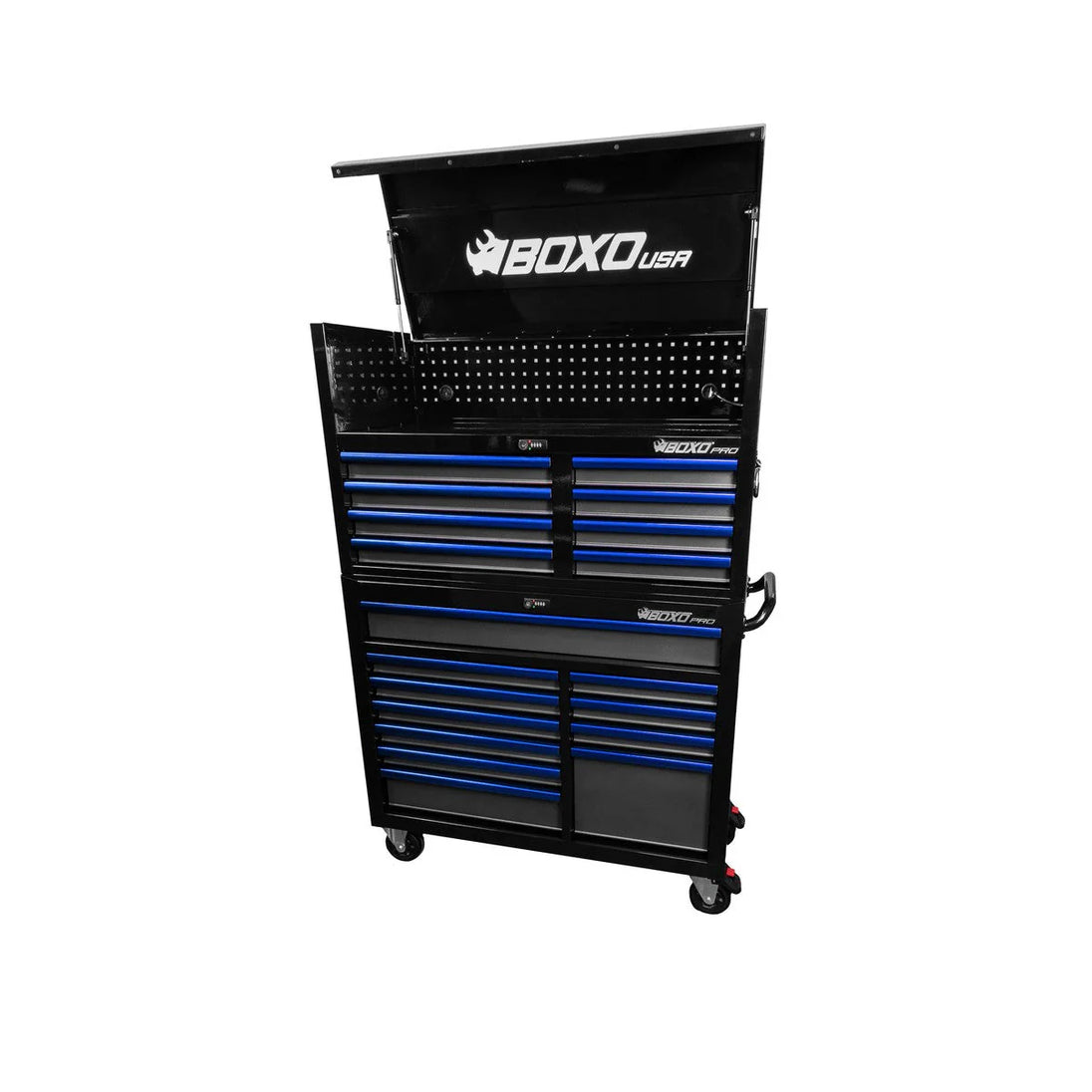 Black and blue tool cabinet with multiple drawers on a white background, featuring the BOXO USA logo.