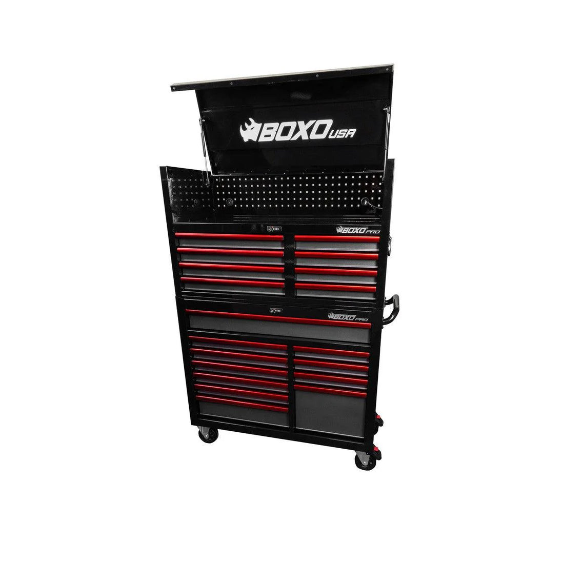 Black and red tool cabinet with multiple drawers on a white background, featuring the BOXO USA logo.