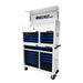 Tool chest with red drawers and white top, featuring 'BOXO USA' branding.