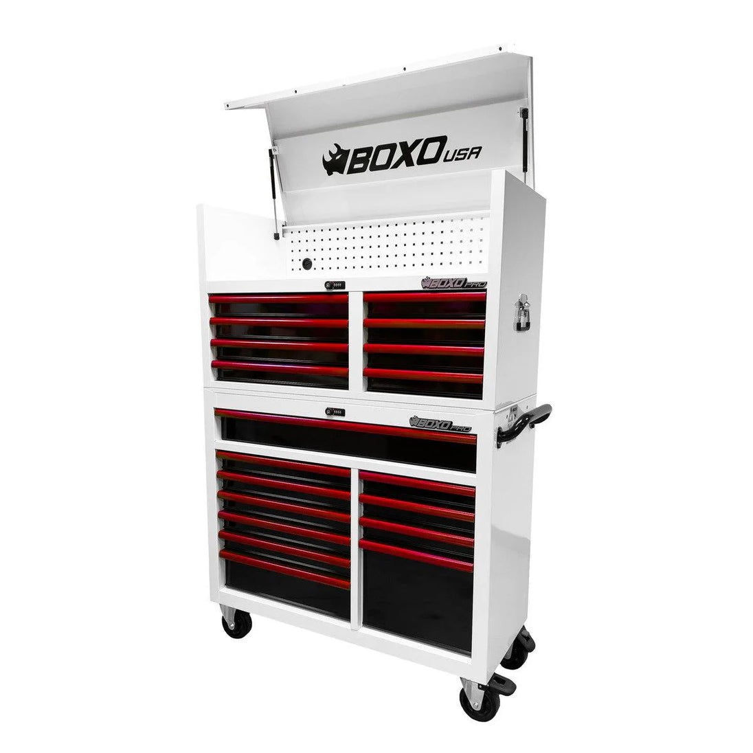 Tool chest with red drawers and white top, featuring 'BOXO USA' branding.