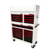 Tool chest with red and black drawers on a white background