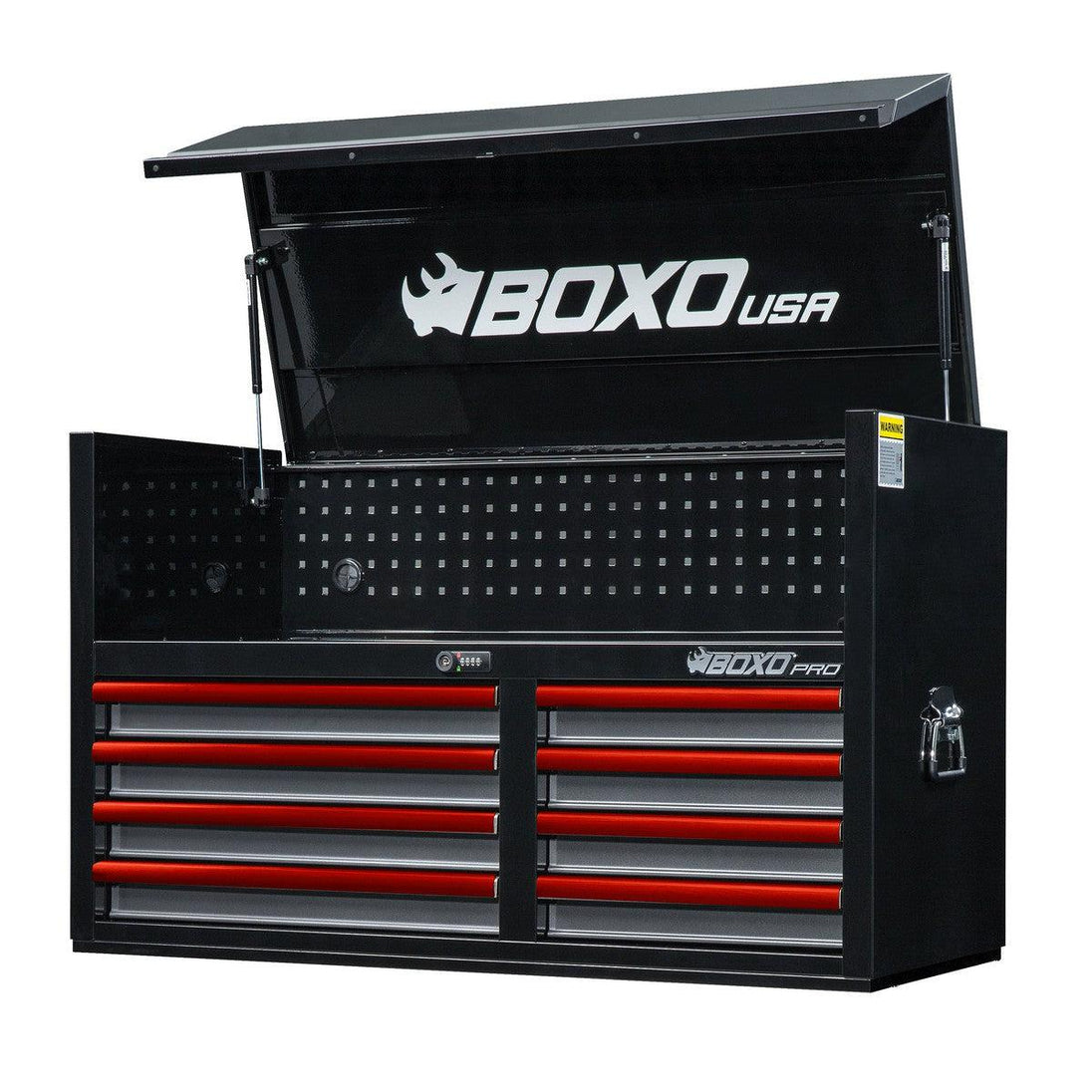 Black tool chest with red drawers featuring BOXO USA branding on a white background