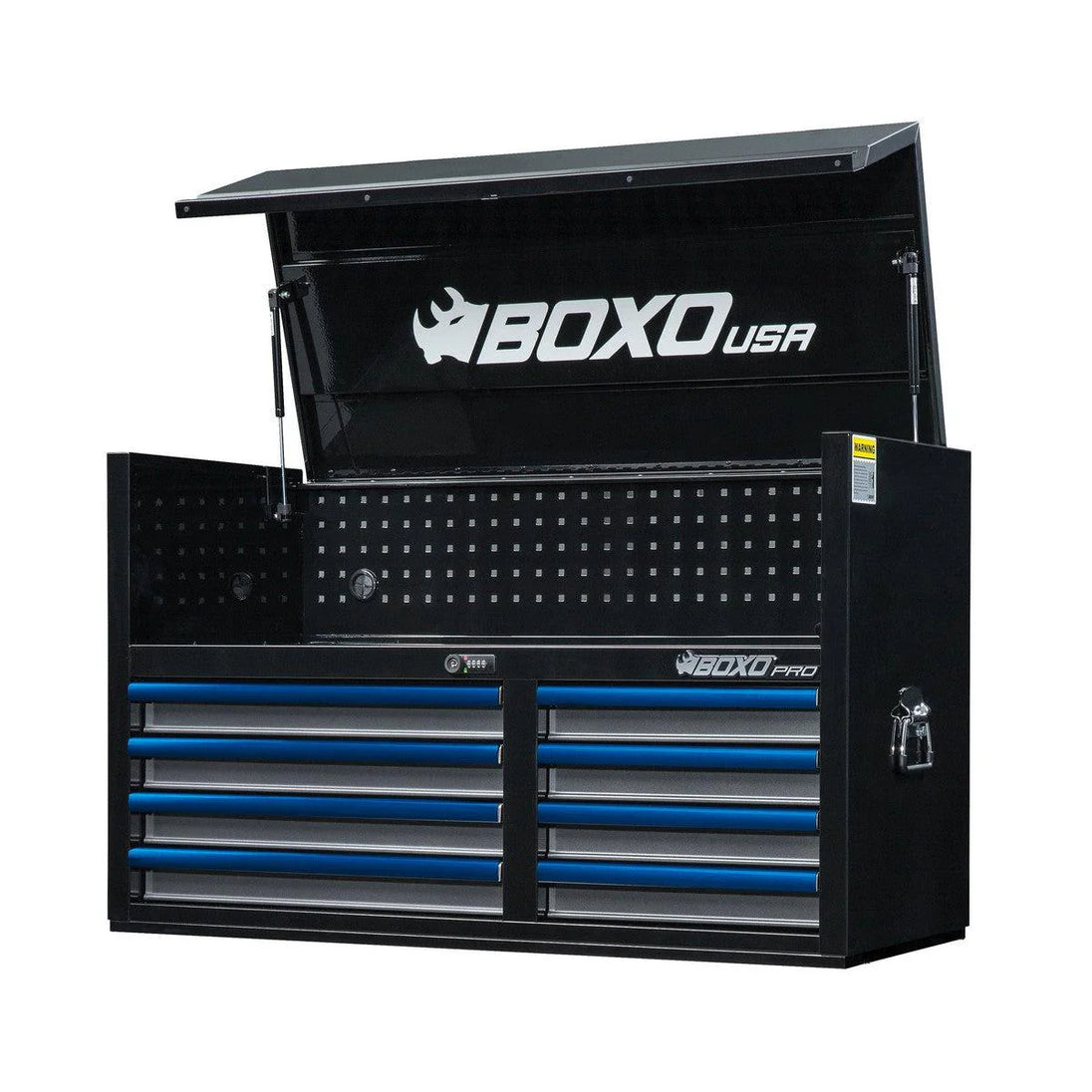 Black and blue tool chest with 'BOXO USA' branding on a white background