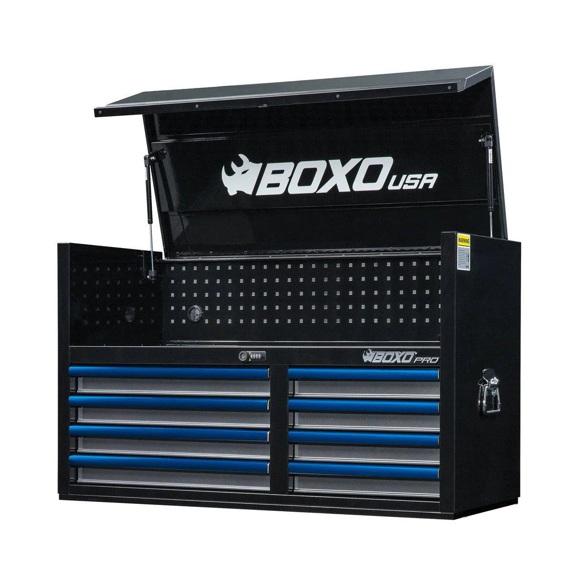 Black and blue tool chest with 'BOXO USA' branding on a white background