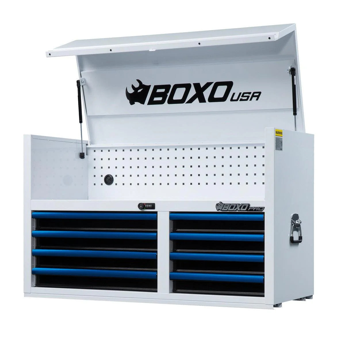 White tool cabinet with blue drawers and BOXO USA branding on a white background