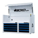 White tool cabinet with blue drawers and BOXO USA branding on a white background