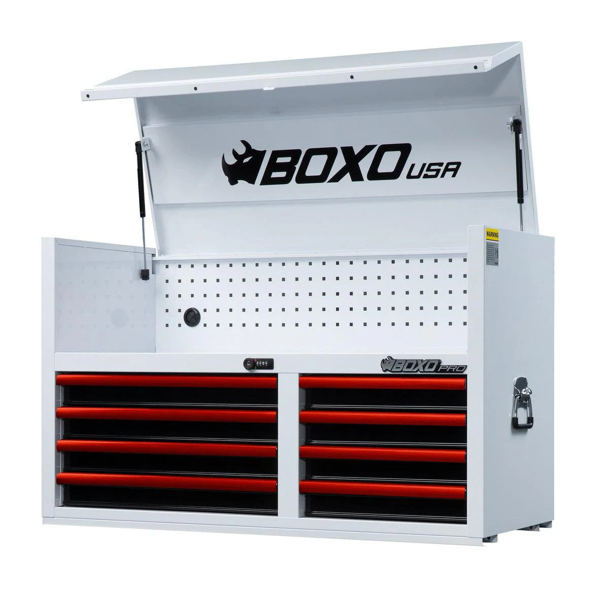 White tool cabinet with red drawers and BOXO USA branding on a white background