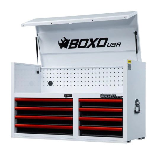 White tool cabinet with red drawers and BOXO USA branding on a white background