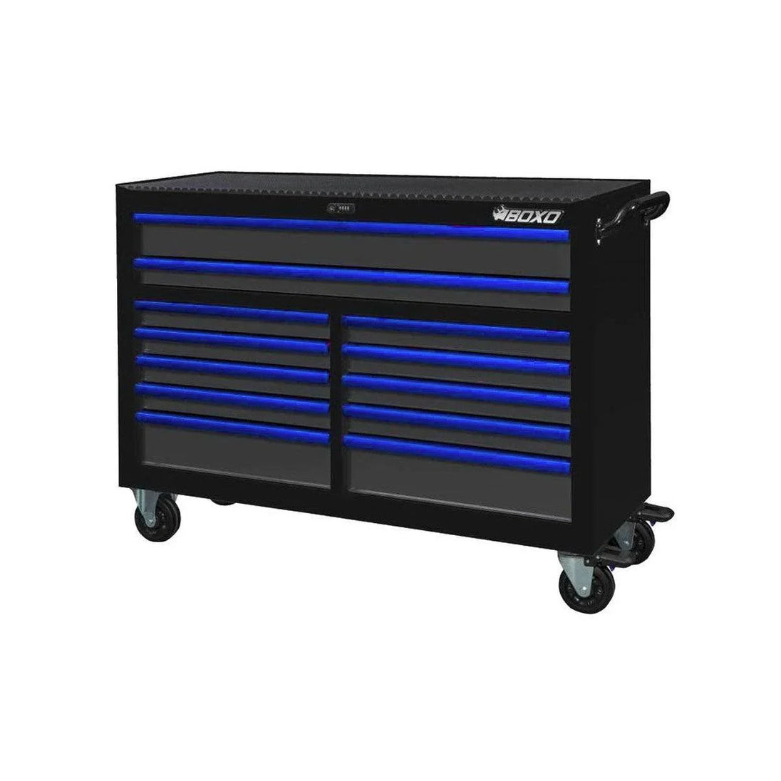 Black tool chest with blue drawers on a white background
